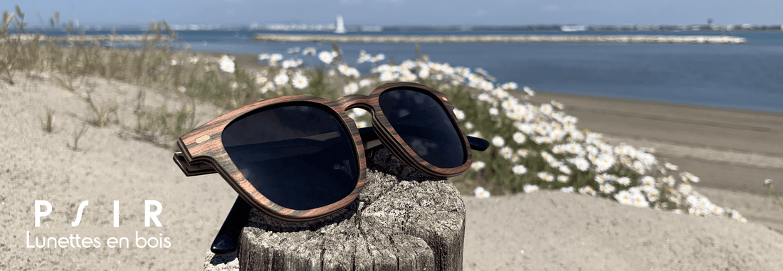 lunettes en bois au bord de la mer plage